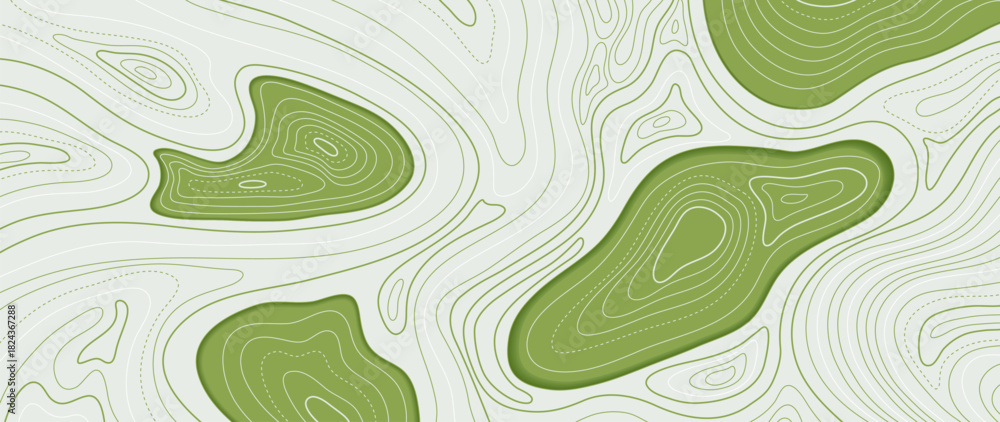 Naklejka premium Topographic contour line vector background with green terrain shapes and flowing map curves — adventure nature design for hiking, outdoor activities and exploration