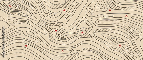 Topographic contour line vector background with beige terrain shapes and navigation markers — adventure outdoor map design for hiking, exploration and travel