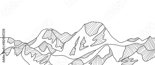 Mountain landscape vector line illustration with black contour peaks and flowing terrain shapes — adventure nature design for hiking, outdoor travel and exploration