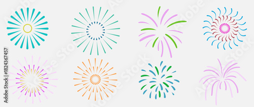 Colorful firework vector illustration set with teal purple yellow red bursts on white background — festive bright design for new year celebration, greeting cards and holiday decoration