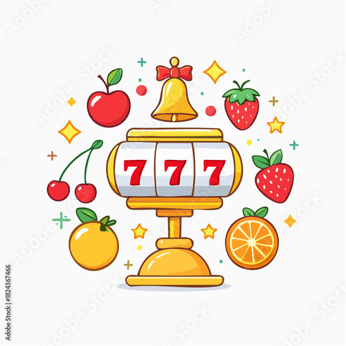 Vibrant Vector Illustration of Lucky 777 Slot Machine with Casino Fruit Symbols and Bell