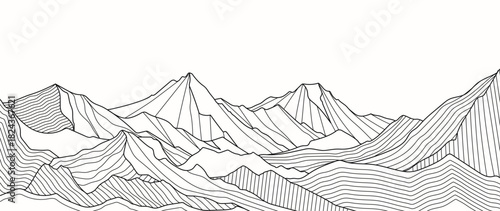 Mountain landscape vector line illustration with black contour peaks and flowing terrain shapes — adventure nature design for hiking, outdoor travel and exploration