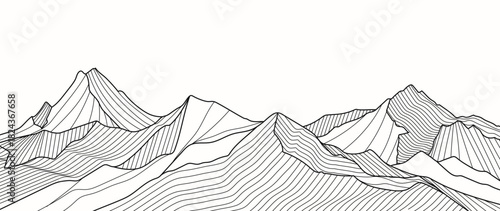 Mountain landscape vector line illustration with black contour peaks and flowing terrain shapes — adventure nature design for hiking, outdoor travel and exploration