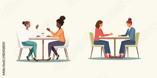 Flat vector illustrations showing women engaged in conversations and meetings at tables, highlighting social interaction, professional discussions, and casual chats in various settings