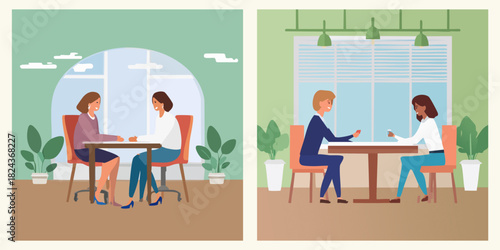 Diverse Business and Social Interactions Illustrated People Engaged in Productive Conversations and Meetings in Modern Office and Cafe Settings