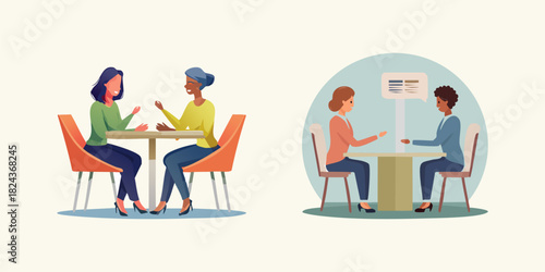 Diverse women connect over a friendly conversation and productive discussion, fostering communication, collaboration, and social interaction in various settings