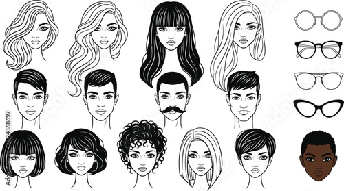 Vector Illustration Set of Diverse Men's and Women's Hairstyles, Faces, and Various Glasses Frames, Ideal for Beauty Salon Branding, Avatar Creation, and Fashion Graphics