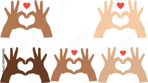 Set of Diverse Skin Tone Hands Making a Heart Shape Gesture, Symbolizing Love, Unity, Diversity, Support, Friendship, and International Inclusion Concepts in Vector Illustration