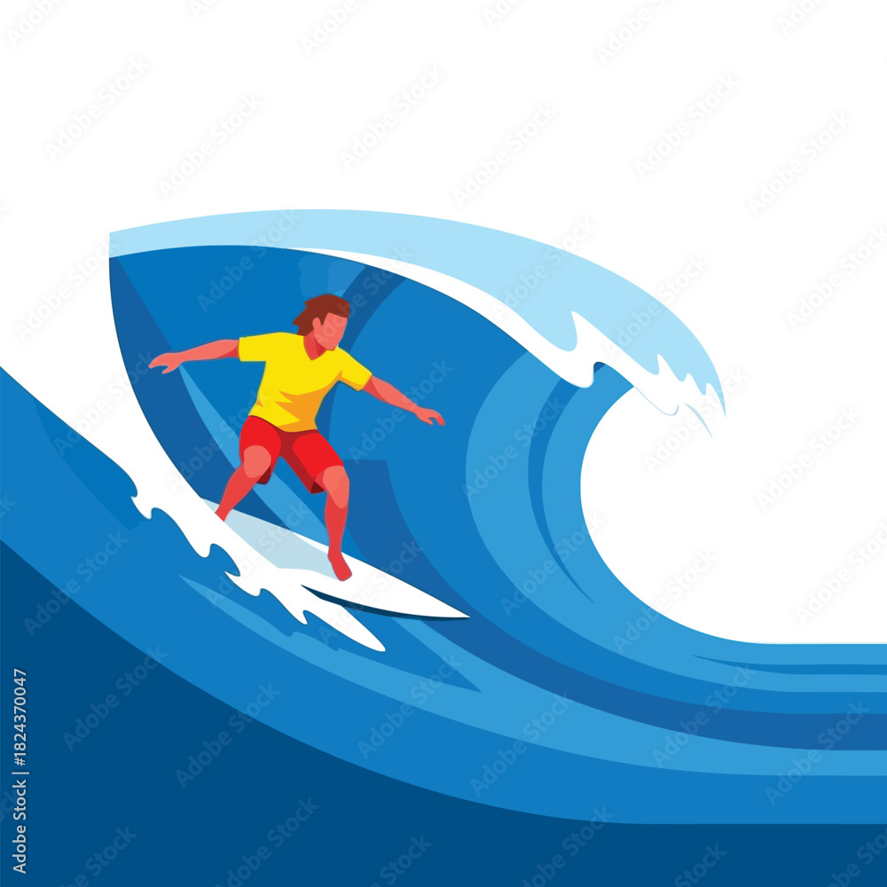 Fototapeta premium A flat vector illustration of a surfer riding a large blue ocean wave.