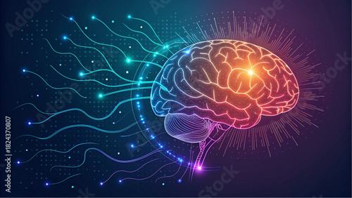 Brilliant brain power connections for innovative tech designs, representing intelligence, artificial mind, and neural networks for powerful marketing concepts
