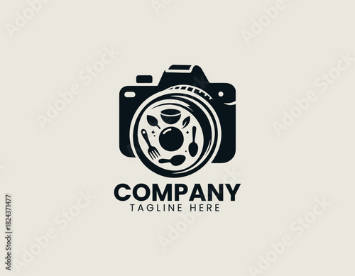 Food photography camera with plated dish icon in a clean bold black vector logo illustration
Keywords