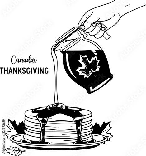 Canadian Thanksgiving with Syrup: A hand pouring maple syrup over a stack of pancakes, a symbol of Canadian Thanksgiving, celebrating harvest, thankfulness and tradition.