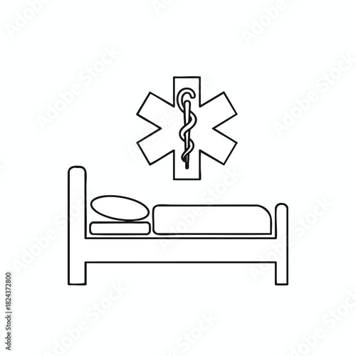 Hospital Bed with Medical Symbol and Staff of Asclepius