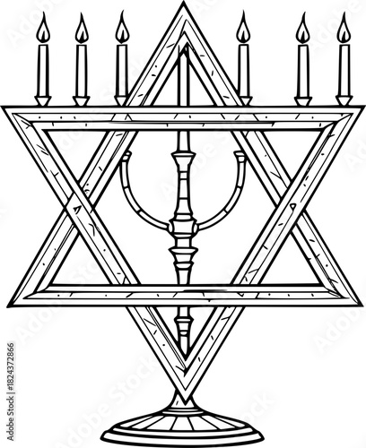 Hanukkah Menorah Illustration: A traditional menorah illustration, its seven candles representing the essence of Hanukkah, presented against a clean background, symbolizing light, faith.