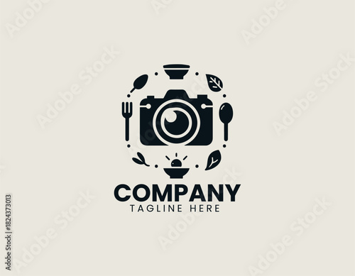 Food photography camera with plated dish icon in a clean bold black vector logo illustration
Keywords