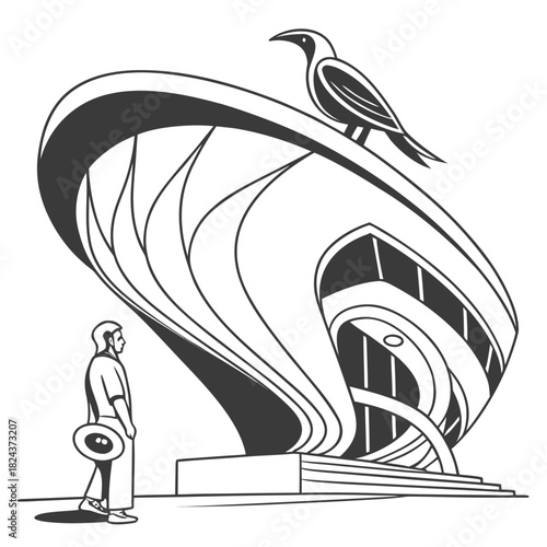 Modern sculpture with bird and observer