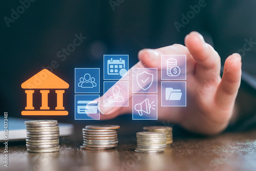 Digital banking concept with coins and financial icons representing savings and transactions