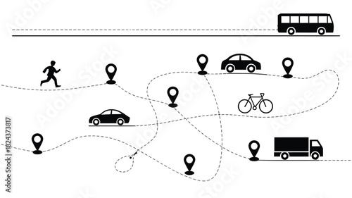 Transportation route vector illustration showing a bus cars a truck a bicycle and a running man with dotted path lines and location pins