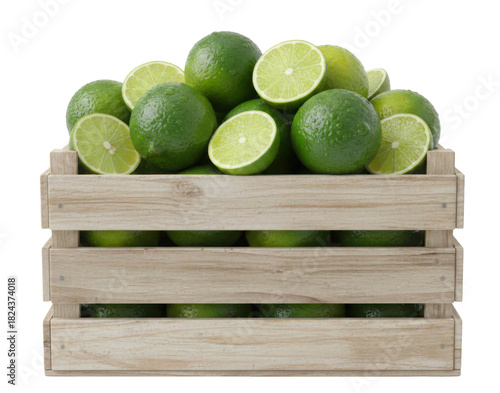 limes in a wooden box isolated in transparent background 