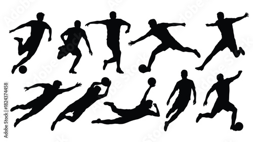 Set of soccer player silhouettes vector illustration of diverse action poses isolated on white background for sports design