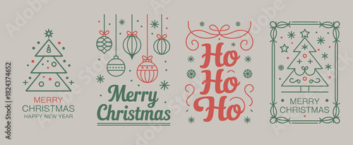 Art deco christmas tree and baubles minimal outline drawing, ho ho ho text included, perfect for holiday invitations, seasonal menus, elegant postcards, prints, and social media layouts.