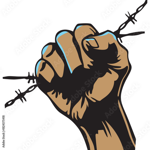 A clenched fist firmly grasping a strand of barbed wire symbolic protest