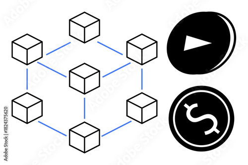 Network of cubes linked by lines, alongside play and dollar icons. Ideal for blockchain, cryptocurrency, fintech, digitalization, decentralized systems, economic transactions, simple flat metaphor