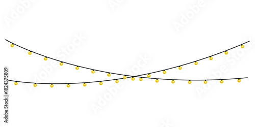 Two strands of yellow string lights hanging against a plain white background illustration style art, Twinkling fairy lights glow in soft amber. Golden garland loops around festive corner. Warm bulbs