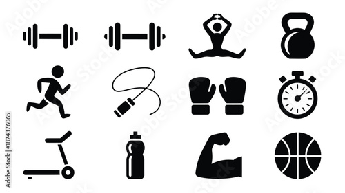 Set of fitness and exercise icons simple glyph vector design elements for gym training and healthy lifestyle isolated on white background