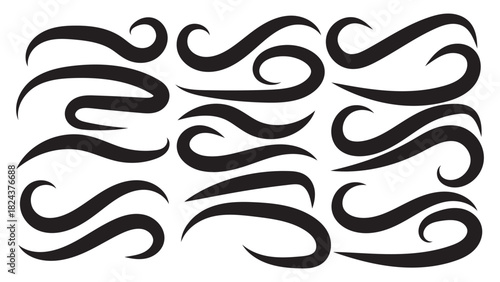 Baseball swoosh decorative calligraphic tail element. Underline retro swoop wave line for athletic tshirt. Hand drawn curly swishes, swash, twiddle. Vector illustrator 