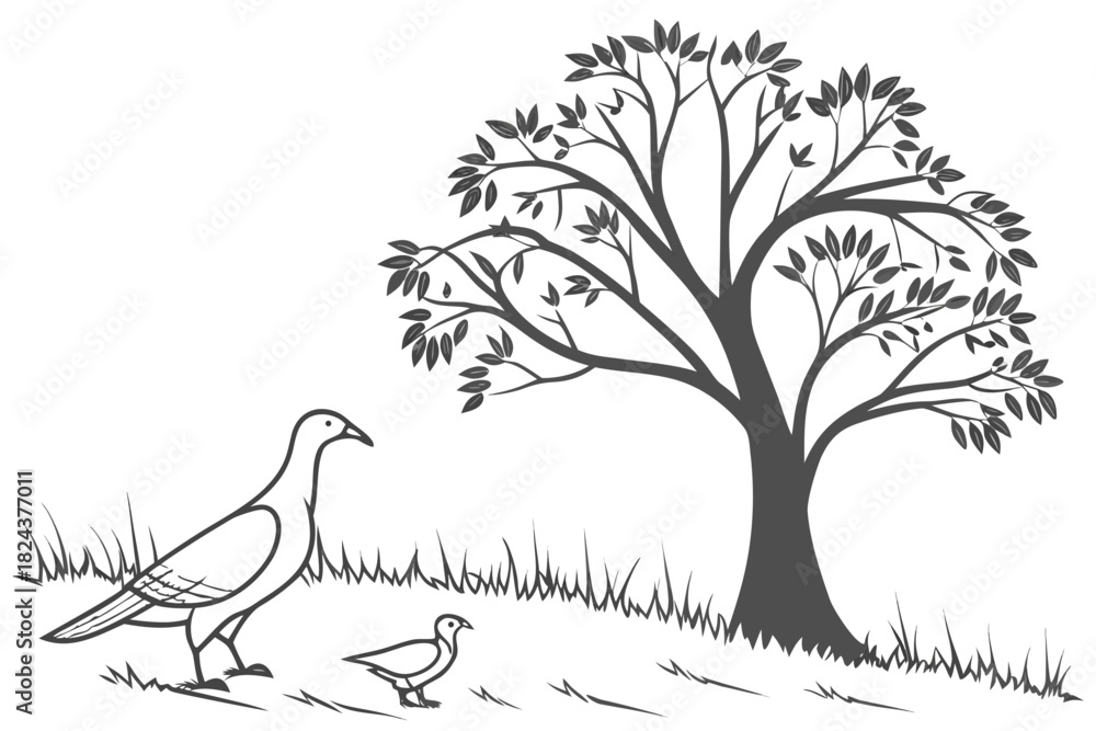 Naklejka premium Birds Under Tree Coloring Page | Nature Outline