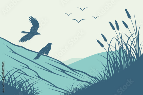Eagles in Landscape Print | Blue Nature Scene Art