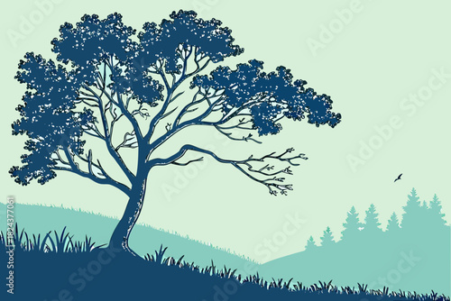 Blue Tree Landscape Print | Serene Forest Hills Wall Art