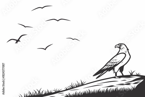 Eagle on Cliff & Flying Birds Print | Black & White Nature Art