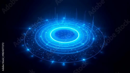 Blue glowing circular energy ring with radiant particles forming layered digital waves and shimmering patterns across a dark space creating a dynamic tech scene