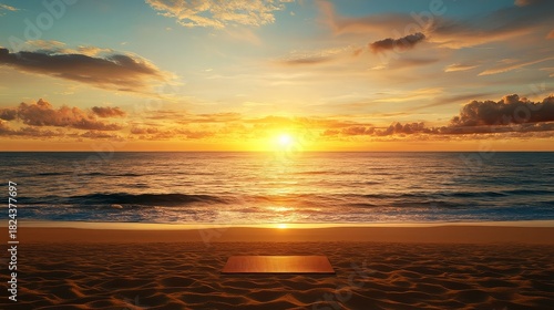 Ocean sunrise over wavy sand beach with yoga mat facing bright setting sun