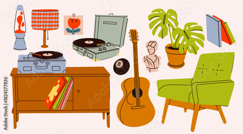 Vinyl record player, lava lamp, guitar, armchair, books, flower, statue, lamp, eight ball. Hand drawn Vector illustration. Home, retro style, music, interior, coziness concept. Isolated elements