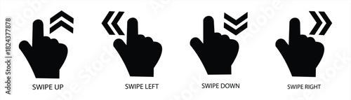 Swipe up icon. Hand pointing with arrows up, down, right, and left. Finger movement sign. Button for social media. Scroll or swipe