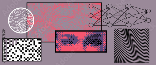 Neural network sketch floats among abstract data textures, pixel clusters and wavy distortions. Conceptual vector illustration for machine learning, pattern recognition, neural processing, data.