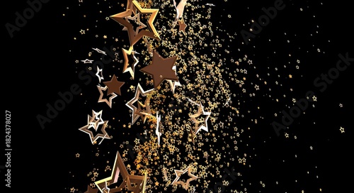 Abstract background of golden stars and sparkles on a black backdrop. Perfect for celebratory events, holiday themes, and ar