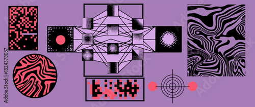Neural network structure surrounded by abstract data visualizations, wavy distortions and pixel clusters. Conceptual vector illustration for artificial intelligence, deep learning in Y2K style.