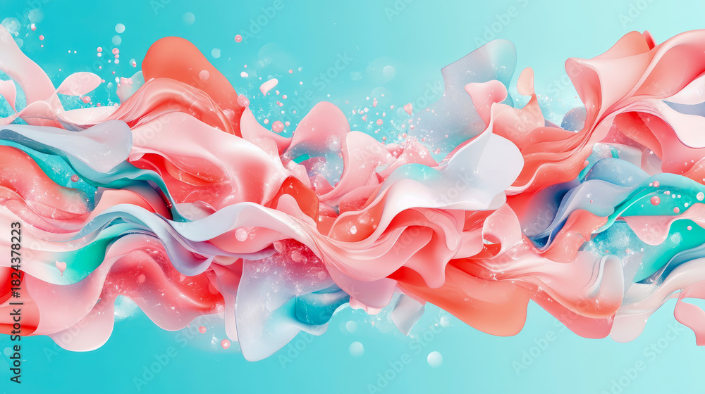 Fototapeta premium Dynamic abstract composition of swirling coral, teal, and white fluid ribbons with sparkling bubbles against serene blue background, depicting harmonious blend of movement and color.