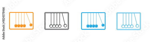 Newton cradle icon. Isolated on white background. Vector line art of Newton’s cradle, physics balance balls symbol for science and business concepts.
