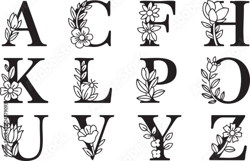 Black floral alphabet letters A C F H K L P O U V Y Z with delicate flower and leaf embellishments