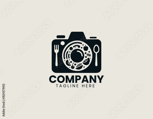 Food photography camera with plated dish icon in a clean bold black vector logo illustration
Keywords