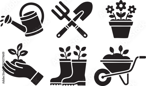 Black silhouette icons of gardening tools and plants on white background watering
