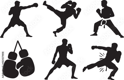 Black silhouettes of martial artists and boxing gloves in dynamic poses fighter