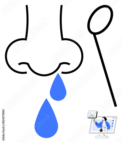 Runny nose concept. Depiction of nasal discharge and its medical investigation. Runny nose symptom analysis, diagnosis processes, and monitoring. Suitable for healthcare, medical research