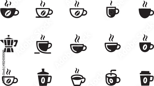 Collection of black coffee cup icons and moka pot with steam drink beverage