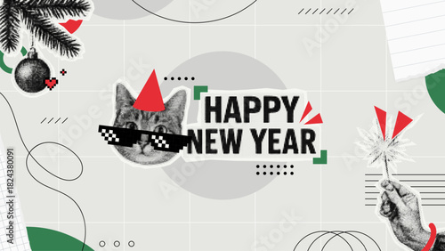 Happy New Year card with a cool cat in sunglasses, Christmas tree ornament, and hand holding a sparkler. Funny holiday poster design with vector elements.